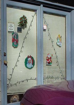 The double doors decorated for the season