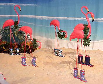 Flamingos in snow boots