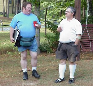 James and John have a confab in the yard