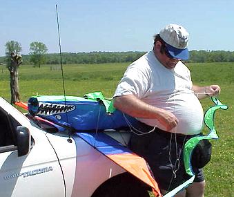 James assembles airplane kite